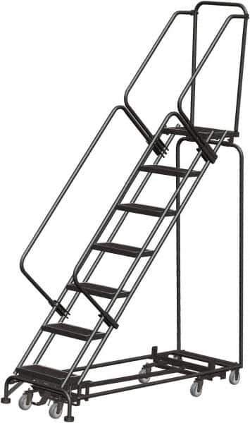 Ballymore - 103" 7 Step Rolling Warehouse Ladder - Lock Step Rolling Safety Ladder, 450 Lb Capacity, 70" Platform Height, 32" Base Width x 66" Base Depth, Perforated Tread - Exact Tool & Supply