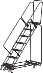 Ballymore - 103" 7 Step Rolling Warehouse Ladder - Lock Step Rolling Safety Ladder, 450 Lb Capacity, 70" Platform Height, 32" Base Width x 66" Base Depth, Perforated Tread - Exact Tool & Supply