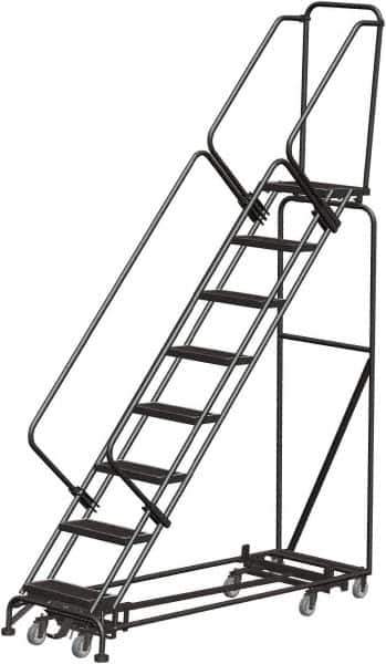 Ballymore - 113" 8 Step Rolling Warehouse Ladder - Lock Step Rolling Safety Ladder, 450 Lb Capacity, 80" Platform Height, 32" Base Width x 74" Base Depth, Perforated Tread - Exact Tool & Supply