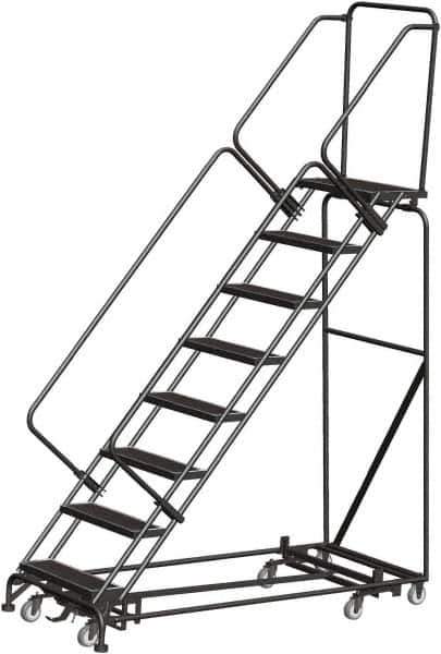 Ballymore - 113" 8 Step Rolling Warehouse Ladder - Lock Step Rolling Safety Ladder, 450 Lb Capacity, 80" Platform Height, 24" Base Width x 74" Base Depth, Perforated Tread - Exact Tool & Supply