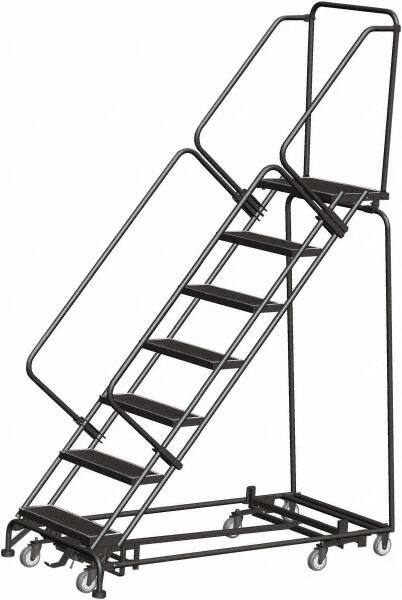 Ballymore - 103" 7 Step Rolling Warehouse Ladder - Lock Step Rolling Safety Ladder, 450 Lb Capacity, 70" Platform Height, 24" Base Width x 66" Base Depth, Perforated Tread - Exact Tool & Supply