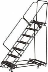 Ballymore - 103" 7 Step Rolling Warehouse Ladder - Lock Step Rolling Safety Ladder, 450 Lb Capacity, 70" Platform Height, 24" Base Width x 66" Base Depth, Perforated Tread - Exact Tool & Supply