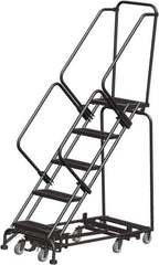Ballymore - 83" 5 Step Rolling Warehouse Ladder - Lock Step Rolling Safety Ladder, 450 Lb Capacity, 50" Platform Height, 32" Base Width x 50" Base Depth, Perforated Tread - Exact Tool & Supply