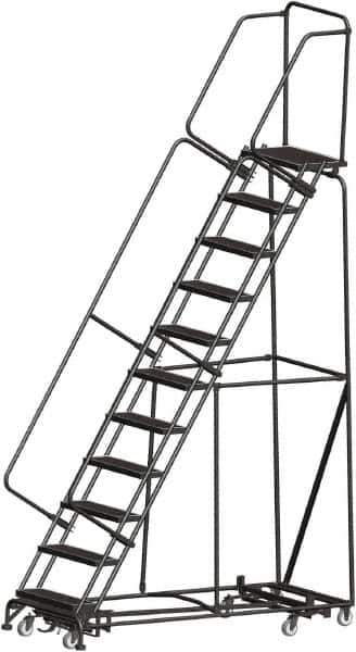 Ballymore - 143" 11 Step Rolling Warehouse Ladder - Lock Step Rolling Safety Ladder, 450 Lb Capacity, 110" Platform Height, 32" Base Width x 80" Base Depth, Perforated Tread - Exact Tool & Supply