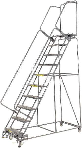 Ballymore - 133" 10 Step Rolling Warehouse Ladder - Lock Step Rolling Safety Ladder, 450 Lb Capacity, 100" Platform Height, 32" Base Width x 74" Base Depth, Perforated Tread - Exact Tool & Supply