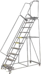 Ballymore - 133" 10 Step Rolling Warehouse Ladder - Lock Step Rolling Safety Ladder, 450 Lb Capacity, 100" Platform Height, 32" Base Width x 74" Base Depth, Perforated Tread - Exact Tool & Supply