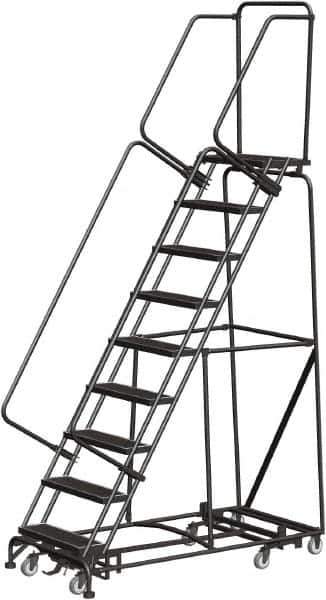 Ballymore - 123" 9 Step Rolling Warehouse Ladder - Lock Step Rolling Safety Ladder, 450 Lb Capacity, 90" Platform Height, 32" Base Width x 68" Base Depth, Perforated Tread - Exact Tool & Supply
