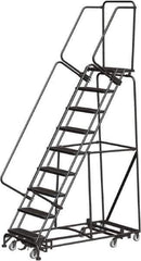 Ballymore - 123" 9 Step Rolling Warehouse Ladder - Lock Step Rolling Safety Ladder, 450 Lb Capacity, 90" Platform Height, 32" Base Width x 68" Base Depth, Perforated Tread - Exact Tool & Supply