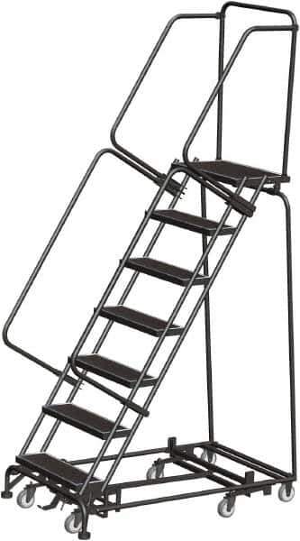 Ballymore - 103" 7 Step Rolling Warehouse Ladder - Lock Step Rolling Safety Ladder, 450 Lb Capacity, 70" Platform Height, 32" Base Width x 55" Base Depth, Perforated Tread - Exact Tool & Supply