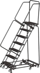 Ballymore - 103" 7 Step Rolling Warehouse Ladder - Lock Step Rolling Safety Ladder, 450 Lb Capacity, 70" Platform Height, 32" Base Width x 55" Base Depth, Perforated Tread - Exact Tool & Supply