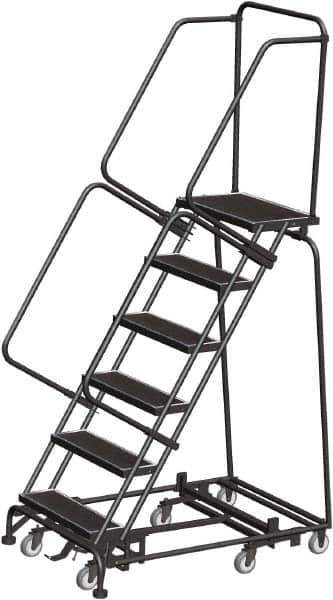 Ballymore - 93" 6 Step Rolling Warehouse Ladder - Lock Step Rolling Safety Ladder, 450 Lb Capacity, 60" Platform Height, 32" Base Width x 49" Base Depth, Perforated Tread - Exact Tool & Supply