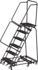 Ballymore - 93" 6 Step Rolling Warehouse Ladder - Lock Step Rolling Safety Ladder, 450 Lb Capacity, 60" Platform Height, 32" Base Width x 49" Base Depth, Perforated Tread - Exact Tool & Supply