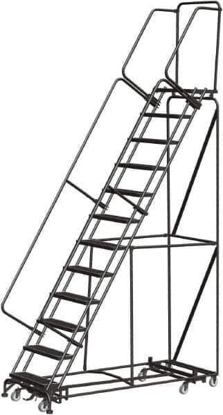Ballymore - 153" 12 Step Rolling Warehouse Ladder - Lock Step Rolling Safety Ladder, 450 Lb Capacity, 120" Platform Height, 32" Base Width x 87" Base Depth, Perforated Tread - Exact Tool & Supply