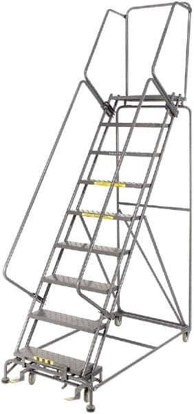 Ballymore - 123" 9 Step Rolling Warehouse Ladder - Lock Step Rolling Safety Ladder, 450 Lb Capacity, 90" Platform Height, 32" Base Width x 68" Base Depth, Perforated Tread - Exact Tool & Supply