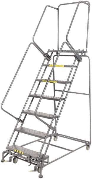 Ballymore - 103" 7 Step Rolling Warehouse Ladder - Lock Step Rolling Safety Ladder, 450 Lb Capacity, 70" Platform Height, 32" Base Width x 55" Base Depth, Perforated Tread - Exact Tool & Supply