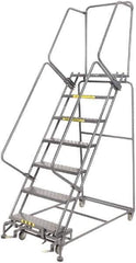 Ballymore - 103" 7 Step Rolling Warehouse Ladder - Lock Step Rolling Safety Ladder, 450 Lb Capacity, 70" Platform Height, 32" Base Width x 55" Base Depth, Perforated Tread - Exact Tool & Supply
