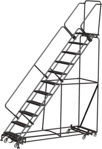 Ballymore - 143" 11 Step Rolling Warehouse Ladder - Lock Step Rolling Safety Ladder, 450 Lb Capacity, 110" Platform Height, 32" Base Width x 98" Base Depth, Perforated Tread - Exact Tool & Supply