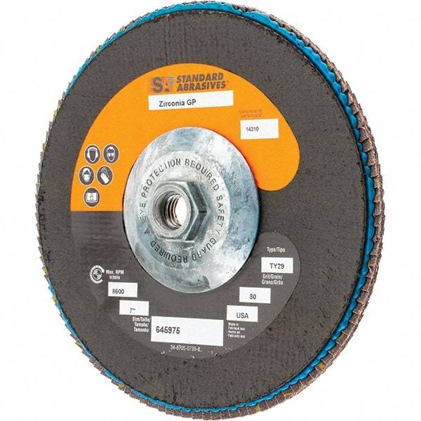 Camel Grinding Wheels - 80 Grit, 7" Disc Diam, 5/8-11 Center Hole, Type 29 Zirconia Alumina Flap Disc - 13,300 Max RPM, Arbor Attaching System, Coated - Exact Tool & Supply