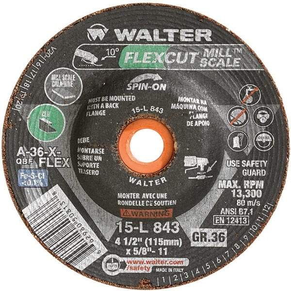 WALTER Surface Technologies - 4-1/2" 36 Grit Aluminum Oxide/Silicon Carbide Blend Cutoff Wheel - 5/8-11 Arbor, 13,300 Max RPM, Use with Angle Grinders - Exact Tool & Supply