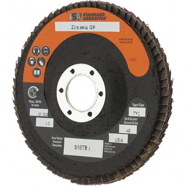 Camel Grinding Wheels - 40 Grit, 4-1/2" Disc Diam, 7/8" Center Hole, Type 29 Zirconia Alumina Flap Disc - Arbor Attaching System, Coated - Exact Tool & Supply