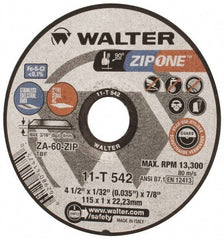 WALTER Surface Technologies - 4-1/2" Aluminum Oxide/Silicon Carbide Blend Cutoff Wheel - 1/32" Thick, 7/8" Arbor, 13,300 Max RPM, Use with Angle Grinders - Exact Tool & Supply