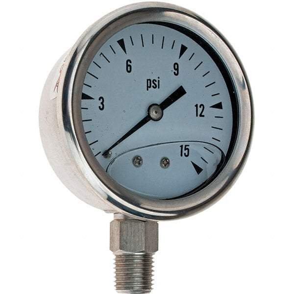 Value Collection - 2-1/2" Dial, 1/4 Thread, 0-15 Scale Range, Pressure Gauge - Exact Tool & Supply