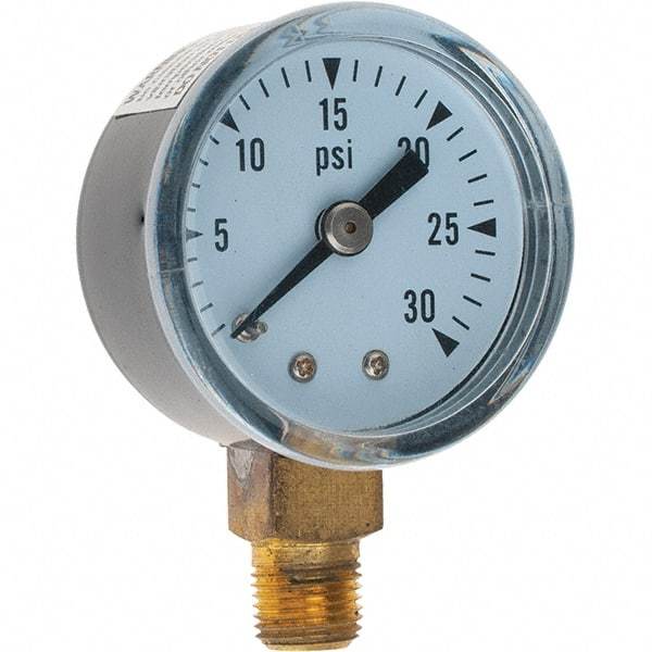 Value Collection - 1-1/2" Dial, 1/8 Thread, 0-30 Scale Range, Pressure Gauge - Lower Connection Mount - Exact Tool & Supply