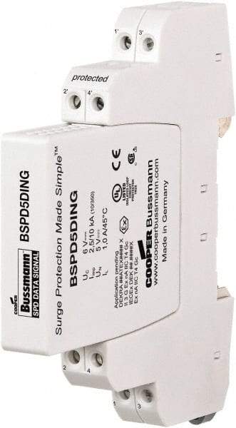 Cooper Bussmann - 4 Pole, 1 Phase, 90mm Long x 12mm Wide x 71.99mm Deep, Hardwired Surge Protector - DIN Rail Mount, 24 V, 23.30 VAC, 33 VDC Operating Voltage, 20 kA Surge Protection - Exact Tool & Supply