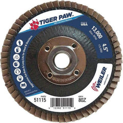 Weiler - 80 Grit, 4-1/2" Disc Diam, 5/8-11 Center Hole, Type 27 Zirconia Alumina Flap Disc - 13,000 Max RPM, Phenolic Backing, Arbor Attaching System, Coated - Exact Tool & Supply