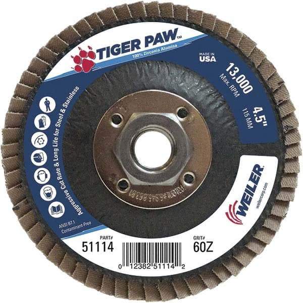Weiler - 60 Grit, 4-1/2" Disc Diam, 5/8-11 Center Hole, Type 27 Zirconia Alumina Flap Disc - 13,000 Max RPM, Phenolic Backing, Arbor Attaching System, Coated - Exact Tool & Supply