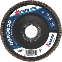Weiler - 80 Grit, 4-1/2" Disc Diam, 7/8" Center Hole, Type 29 Zirconia Alumina Flap Disc - 13,000 Max RPM, Phenolic Backing, Arbor Attaching System, Coated - Exact Tool & Supply