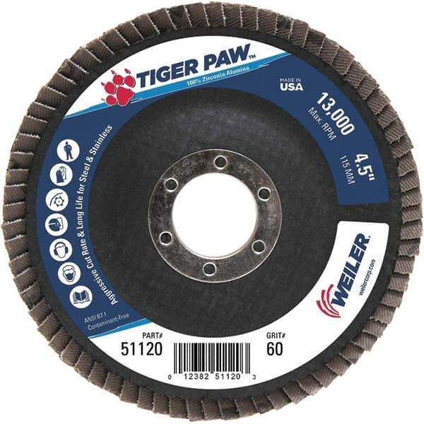 Weiler - 60 Grit, 4-1/2" Disc Diam, 7/8" Center Hole, Type 29 Zirconia Alumina Flap Disc - 13,000 Max RPM, Phenolic Backing, Arbor Attaching System, Coated - Exact Tool & Supply