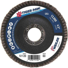 Weiler - 60 Grit, 4-1/2" Disc Diam, 7/8" Center Hole, Type 29 Zirconia Alumina Flap Disc - 13,000 Max RPM, Phenolic Backing, Arbor Attaching System, Coated - Exact Tool & Supply