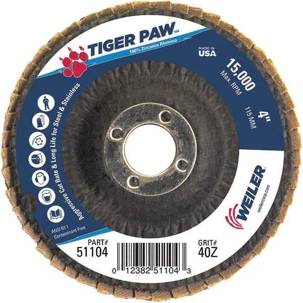 Weiler - 40 Grit, 4" Disc Diam, 5/8" Center Hole, Type 29 Zirconia Alumina Flap Disc - 15,000 Max RPM, Phenolic Backing, Arbor Attaching System, Coated - Exact Tool & Supply