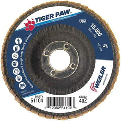 Weiler - 40 Grit, 4" Disc Diam, 5/8" Center Hole, Type 29 Zirconia Alumina Flap Disc - 15,000 Max RPM, Phenolic Backing, Arbor Attaching System, Coated - Exact Tool & Supply