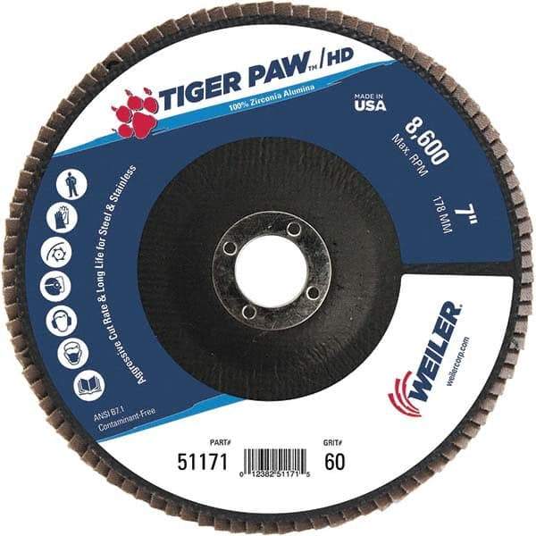Weiler - 60 Grit, 7" Disc Diam, 7/8" Center Hole, Type 27 Zirconia Alumina Flap Disc - 8,600 Max RPM, Phenolic Backing, Arbor Attaching System, Coated - Exact Tool & Supply
