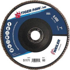 Weiler - 60 Grit, 7" Disc Diam, 7/8" Center Hole, Type 27 Zirconia Alumina Flap Disc - 8,600 Max RPM, Phenolic Backing, Arbor Attaching System, Coated - Exact Tool & Supply