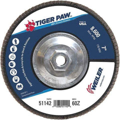 Weiler - 60 Grit, 7" Disc Diam, 5/8-11 Center Hole, Type 27 Zirconia Alumina Flap Disc - 8,600 Max RPM, Phenolic Backing, Arbor Attaching System, Coated - Exact Tool & Supply