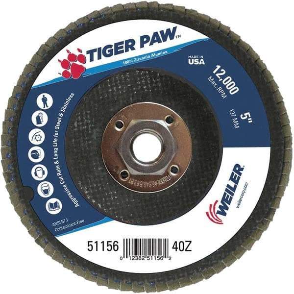 Weiler - 40 Grit, 5" Disc Diam, 5/8-11 Center Hole, Type 29 Zirconia Alumina Flap Disc - 12,000 Max RPM, Phenolic Backing, Arbor Attaching System, Coated - Exact Tool & Supply