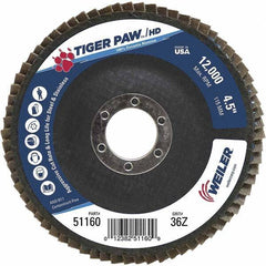 Weiler - 36 Grit, 4-1/2" Disc Diam, 7/8" Center Hole, Type 27 Zirconia Alumina Flap Disc - 12,000 Max RPM, Phenolic Backing, Arbor Attaching System, Coated - Exact Tool & Supply