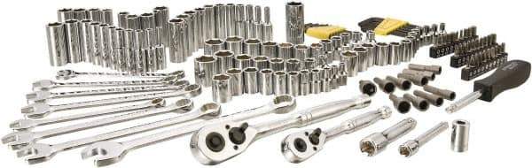 Stanley - 145 Piece 1/4" & 3/8" Drive Chrome Vanadium Finish Deep Well Socket Set - 6 Points, 5/32" to 11/16" (4mm to 17mm) Range, Inch/Metric Measurement Standard - Exact Tool & Supply