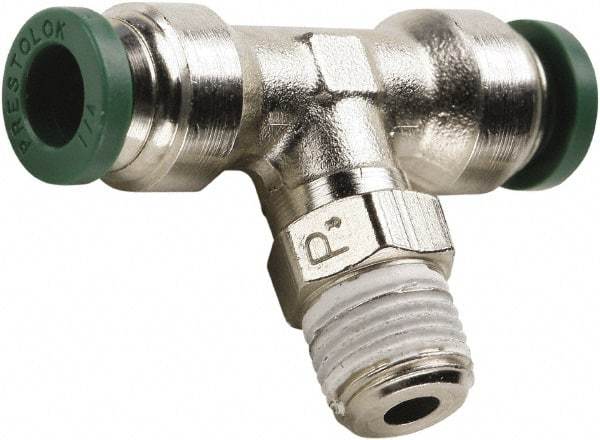 Parker - 3/8" Outside Diam, 1/2 NPT, Nickel Plated Brass Push-to-Connect Tube Male Swivel Branch Tee - 300 Max psi, Tube to Male NPT Connection, Buna-N O-Ring - Exact Tool & Supply