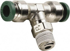 Parker - 3/8" Outside Diam, 1/2 NPT, Nickel Plated Brass Push-to-Connect Tube Male Swivel Branch Tee - 300 Max psi, Tube to Male NPT Connection, Buna-N O-Ring - Exact Tool & Supply
