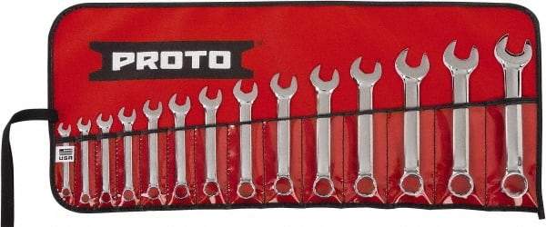 Proto - 14 Piece, 6mm to 19mm, 12 Point Extra Short Combination Wrench Set - Metric Measurement Standard, Full Polish Chrome Finish, Comes in Tool Roll - Exact Tool & Supply