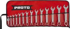 Proto - 14 Piece, 6mm to 19mm, 12 Point Extra Short Combination Wrench Set - Metric Measurement Standard, Full Polish Chrome Finish, Comes in Tool Roll - Exact Tool & Supply