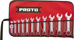 Proto - 11 Piece, 1/4" to 3/4", 12 Point Extra Short Combination Wrench Set - Inch Measurement Standard, Full Polish Chrome Finish, Comes in Tool Roll - Exact Tool & Supply