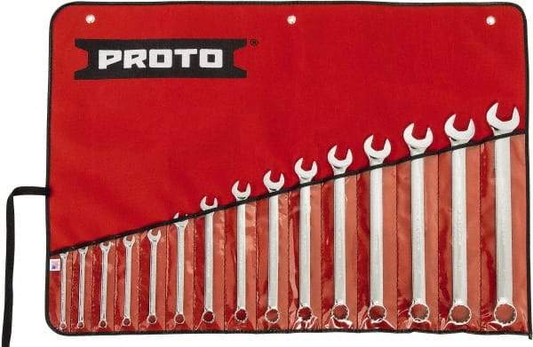 Proto - 15 Piece, 1/4" to 1", 12 Point Spline Combination Wrench Set - Inch Measurement Standard, Full Polish Chrome Finish, Comes in Tool Roll - Exact Tool & Supply