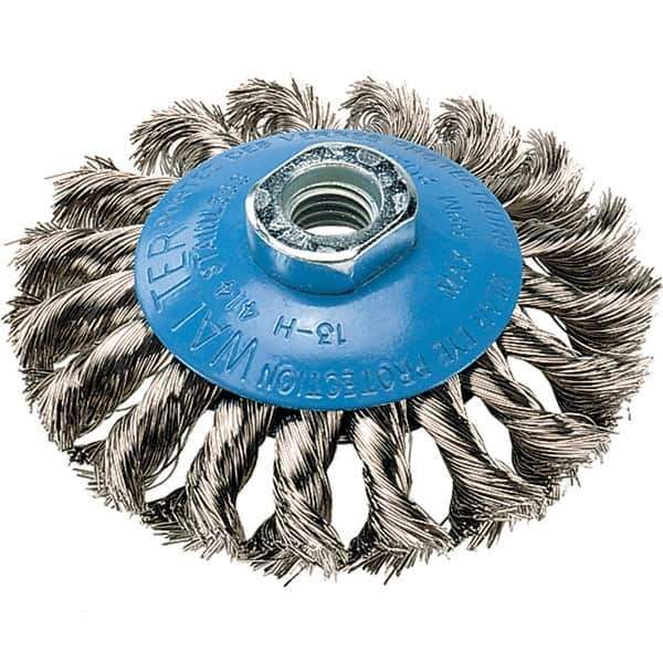 WALTER Surface Technologies - 4" Diam, 5/8-11 Threaded Arbor, Stainless Steel Fill Cup Brush - 0.015 Wire Diam, 20,000 Max RPM - Exact Tool & Supply