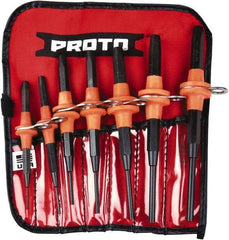 Proto - 7 Piece, 1/16 to 1/4", Tethered Pin Punch Set - Straight Shank, Comes in Nylon Roll - Exact Tool & Supply