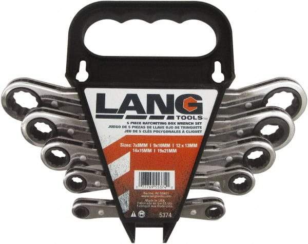 Lang - 5 Piece, 7mm to 21mm, 12 Point Ratcheting Box Wrench Set - Metric Measurement Standard, Nickel Chrome Finish, Comes in Caddy - Exact Tool & Supply